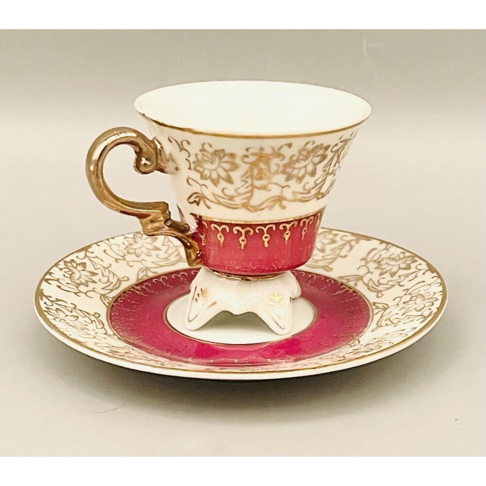 MCM Demitasse Teacup & Saucer Set Porcelain Deep Pink Gold Trim Accents Ornate